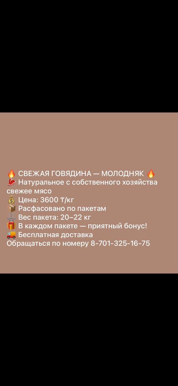 Свежая говядина, молодняк — 3600 ₸/кг